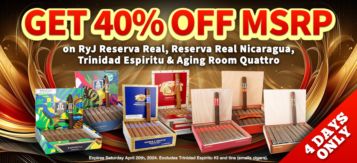 Get 40% off MSRP on select Romeo, Trinidad and Aging Room Boxes. Discount applied at checkout.