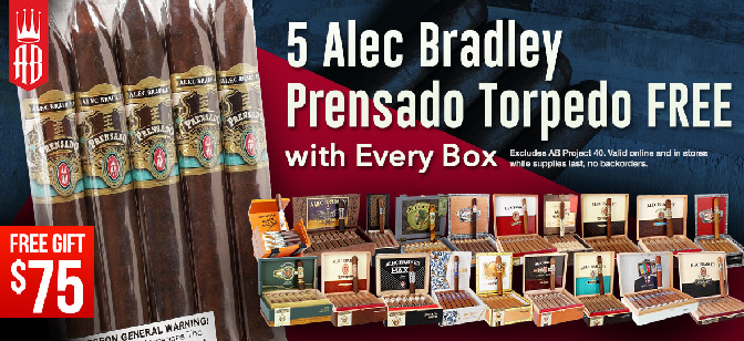 Buy any box of Alec Bradley 20ct or more, get 5 free AB Prensado Cigars