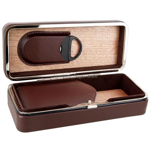 3-Cigar Folding Leather Travel Case with Cutter