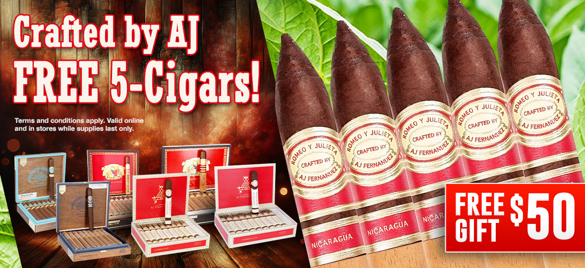 Get 5 free RyJ Crafted by AJ Torpedo with Purchase of H Upmann, Montecristo and Romeo y Julieta Craf