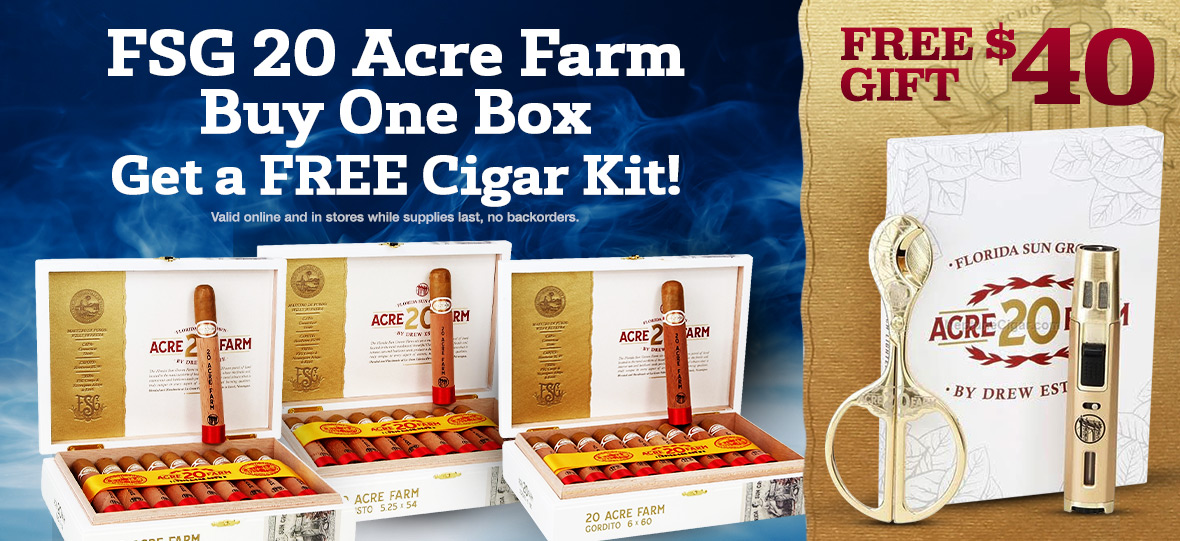 Buy one box of 20 Acre Farm and receive free Cigar Kit/Swag from Drew Estate!