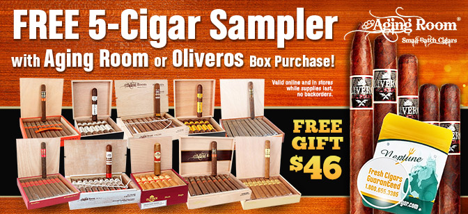 FREE 5-Cigar Sampler with Aging Room or Oliveros Box Purchase!
