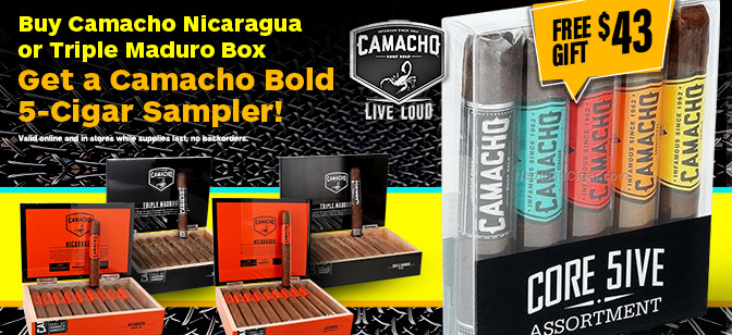 Buy Camacho Nicaragua or Triple Maduro Box Get a Camacho Bold 5-Cigar Sampler!